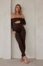 Bumpsuit Maternity the Bella Off Shoulder Long Sleeve Bumpsuit in Chocolate