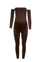 Bumpsuit Maternity the Bella Off Shoulder Long Sleeve Bumpsuit in Chocolate