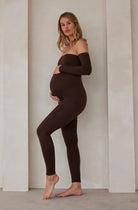 Bumpsuit Maternity the Bella Off Shoulder Long Sleeve Bumpsuit in Chocolate