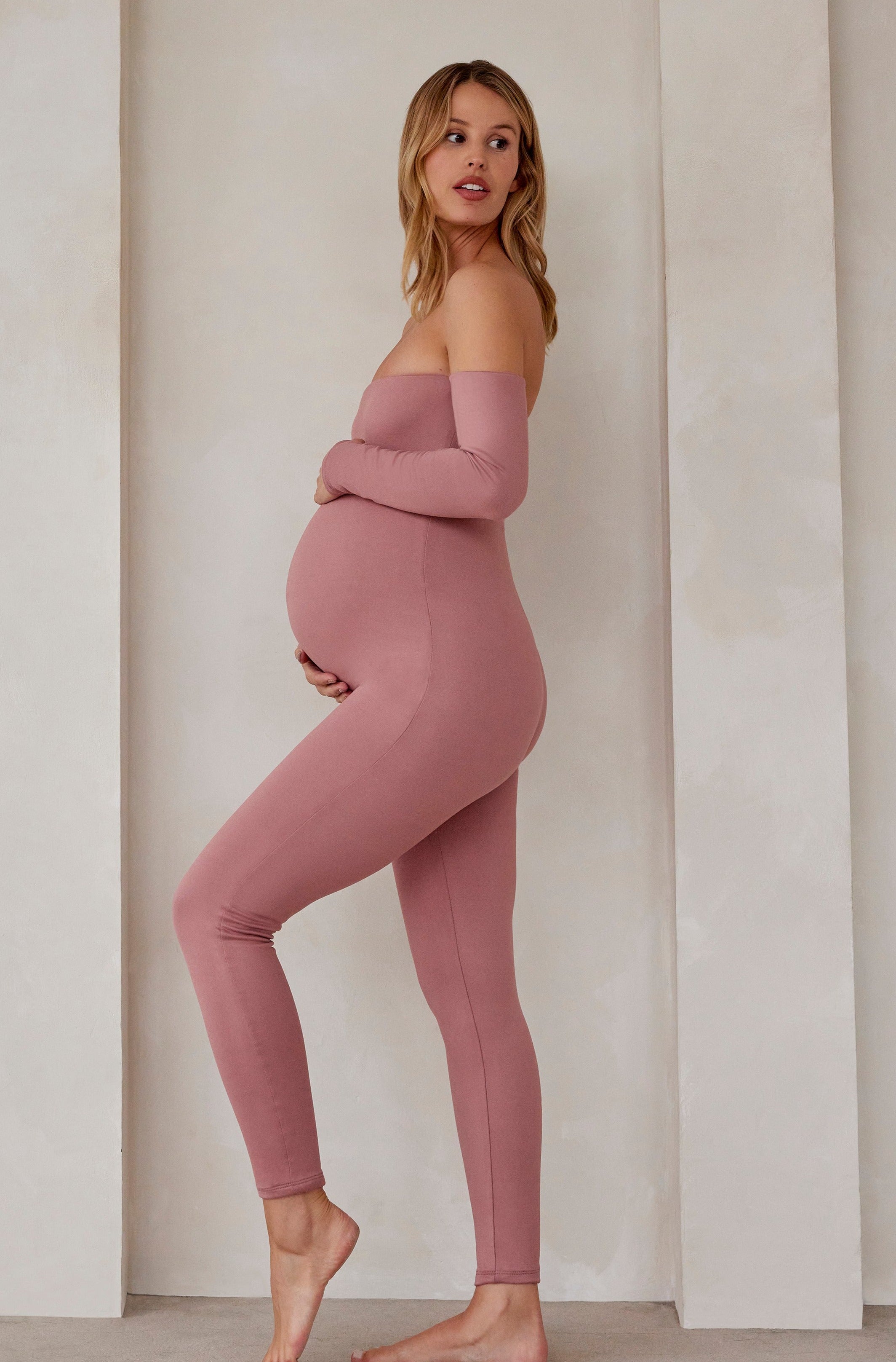 Bumpsuit Maternity the Bella Off Shoulder Long Sleeve Bumpsuit in Mauve