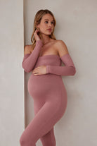 Bumpsuit Maternity the Bella Off Shoulder Long Sleeve Bumpsuit in Mauve