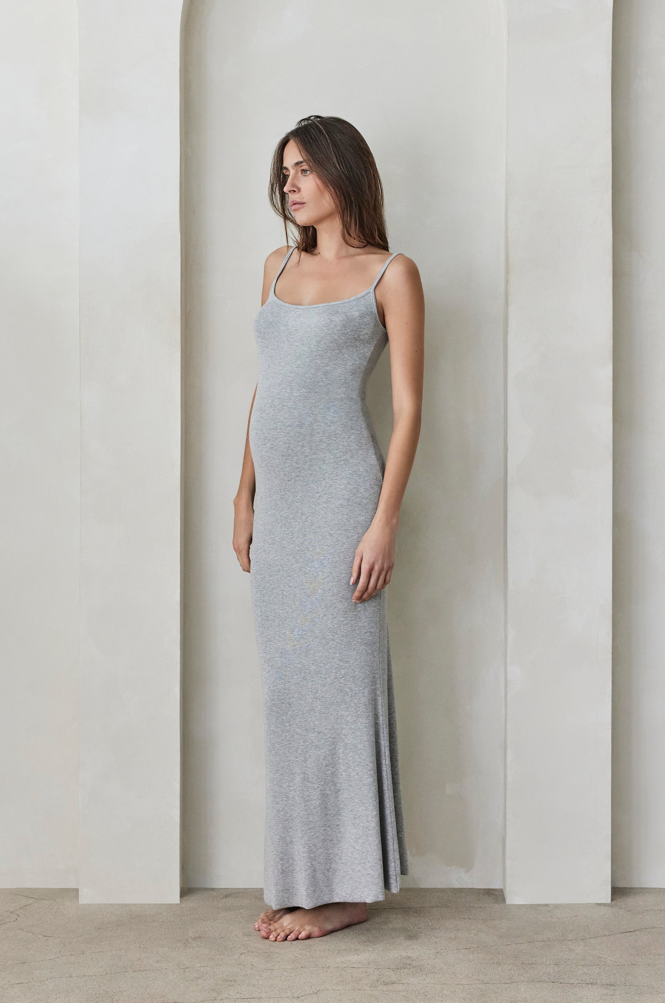 Bumpsuit Maternity Soft Rib Straight Neck Maxi Dress in Heather Grey