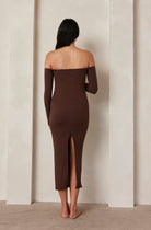 Sculpting Rib Maternity Off The Shoulder Dress in Brown