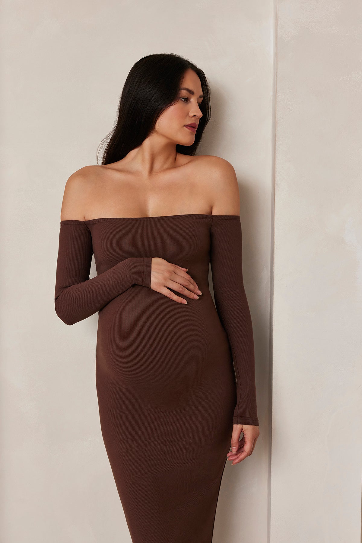 Sculpting Rib Maternity Off The Shoulder Dress in Brown