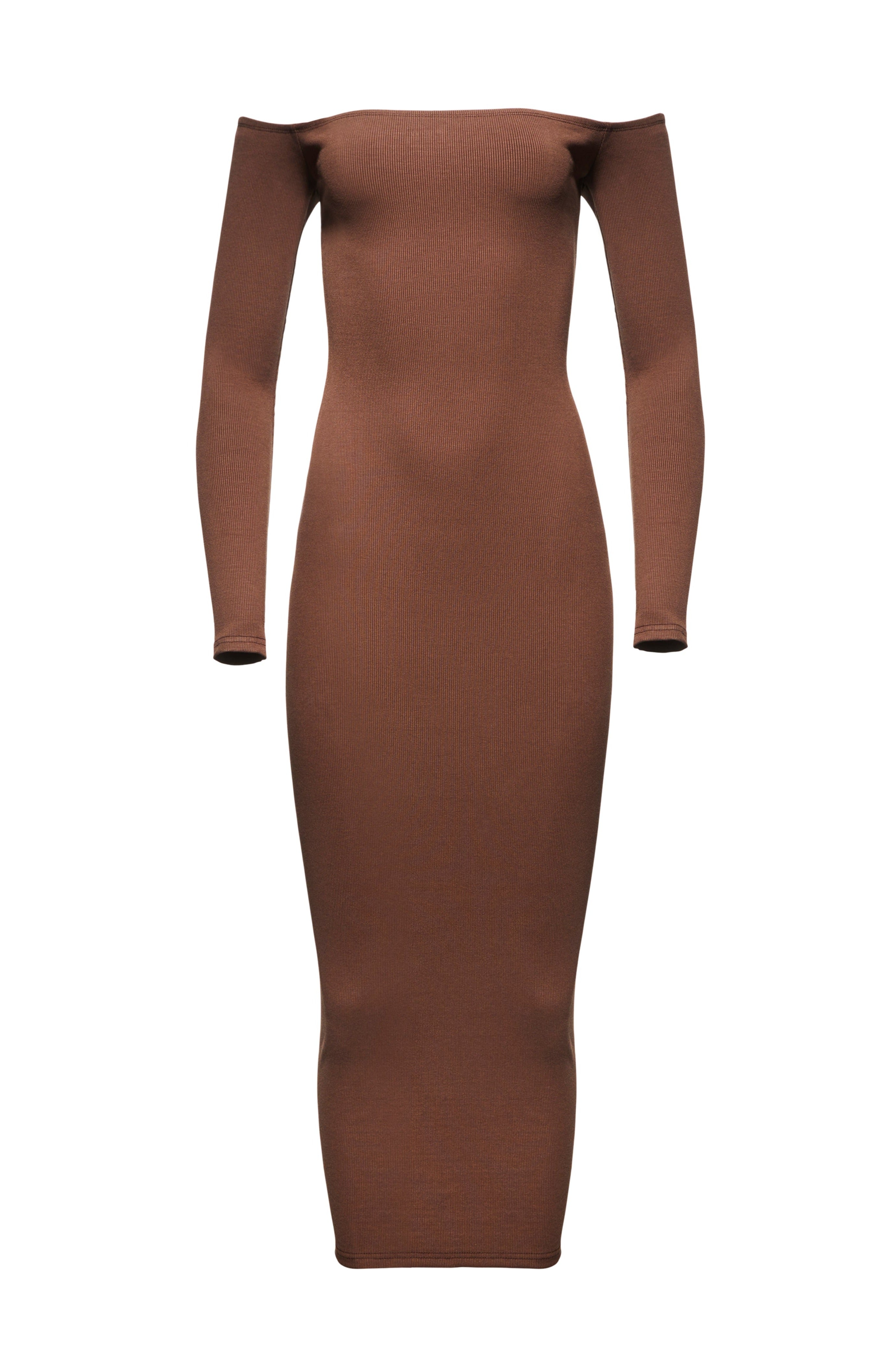 Sculpting Rib Maternity Off The Shoulder Dress in Brown