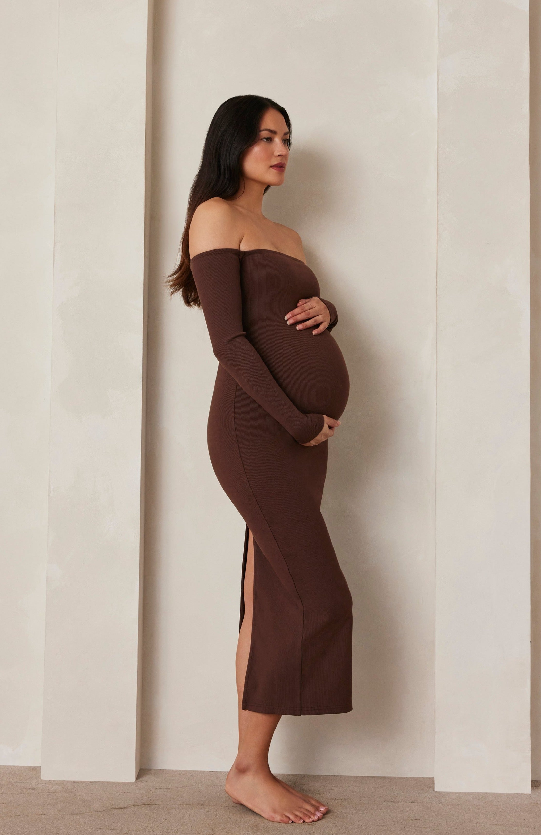 Sculpting Rib Maternity Off The Shoulder Dress in Brown