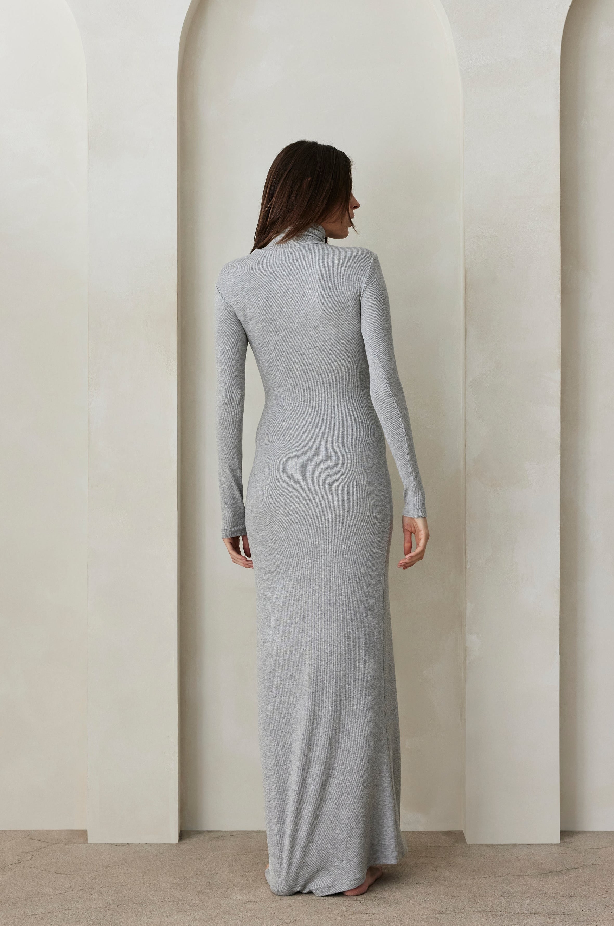 Bumpsuit Maternity Soft Rib Turtleneck Long Sleeve Maxi Dress in Heather Grey