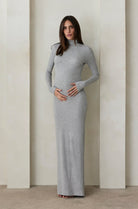 Bumpsuit Maternity Soft Rib Turtleneck Long Sleeve Maxi Dress in Heather Grey