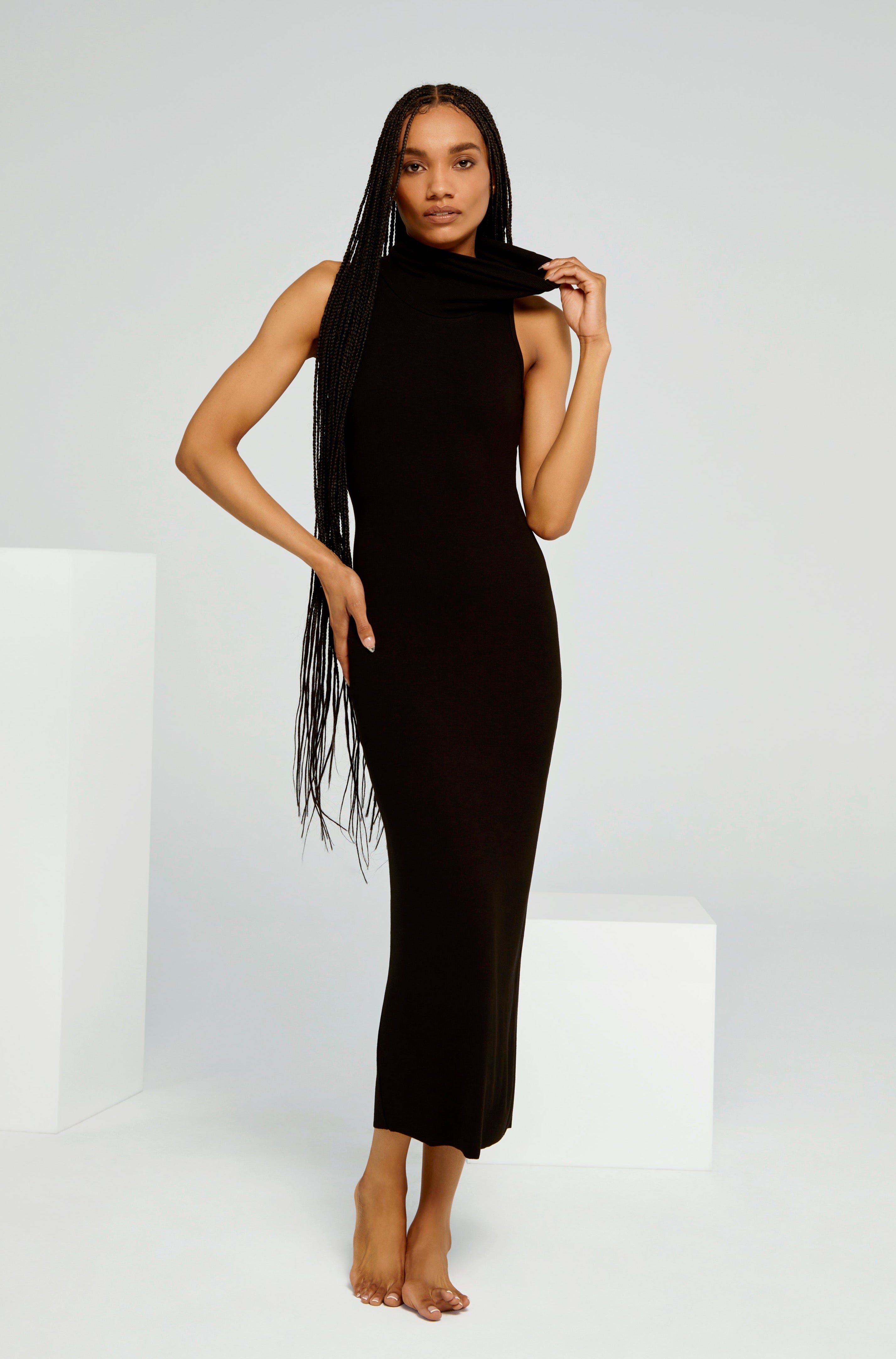 Soft Rib Turtleneck Maternity Dress in Black