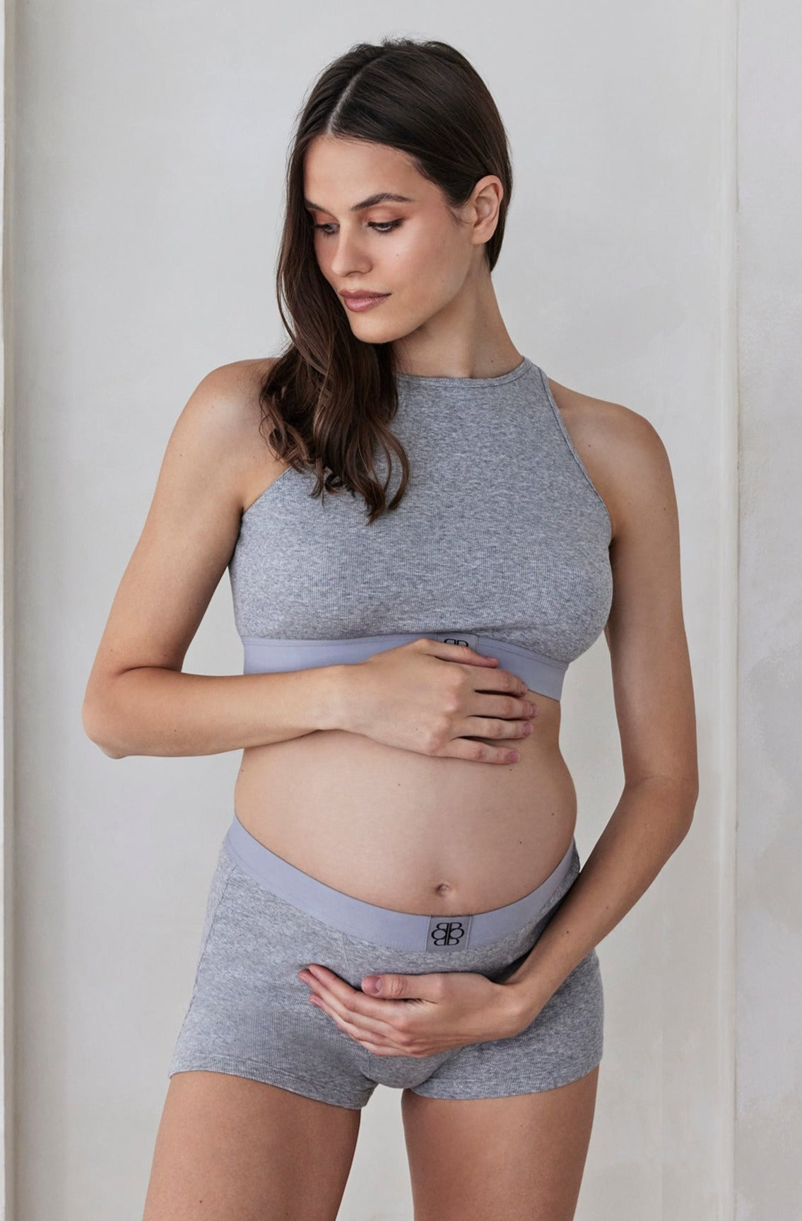 Bumpsuit Maternity The Cotton Rib Crop Top & Boy Short in heather grey