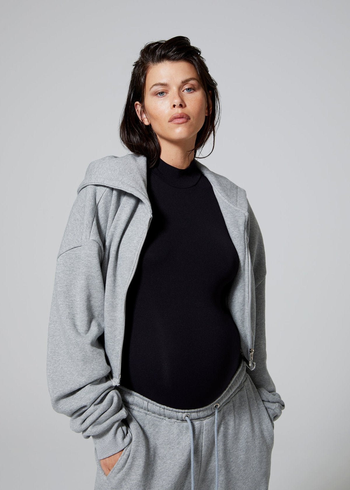 Bumpsuit Maternity Terry Cropped Zip Hoodie in Heather Grey