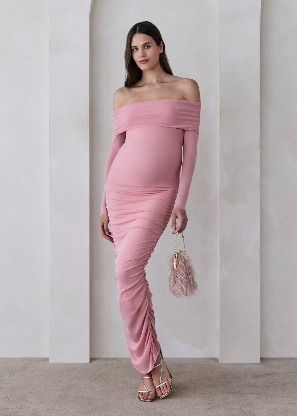 Bumpsuit Maternity Off The Shoulder Soft Mesh Maxi Dress in Pink