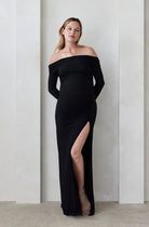 Bumpsuit Maternity Off The Shoulder Long Sleeve Evening Dress with Side Slit in Black