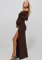 Bumpsuit Maternity Off The Shoulder Long Sleeve Evening Dress with Side Slit in Chocolate