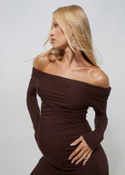 Bumpsuit Maternity Off The Shoulder Long Sleeve Evening Dress with Side Slit in Chocolate