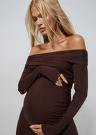 Bumpsuit Maternity Off The Shoulder Long Sleeve Evening Dress with Side Slit in Chocolate