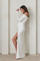 Bumpsuit Maternity Off The Shoulder Long Sleeve Evening Dress with Side Slit in Ivory