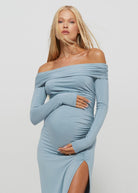 Bumpsuit Maternity Off The Shoulder Long Sleeve Evening Dress with Side Slit in Powder Blue