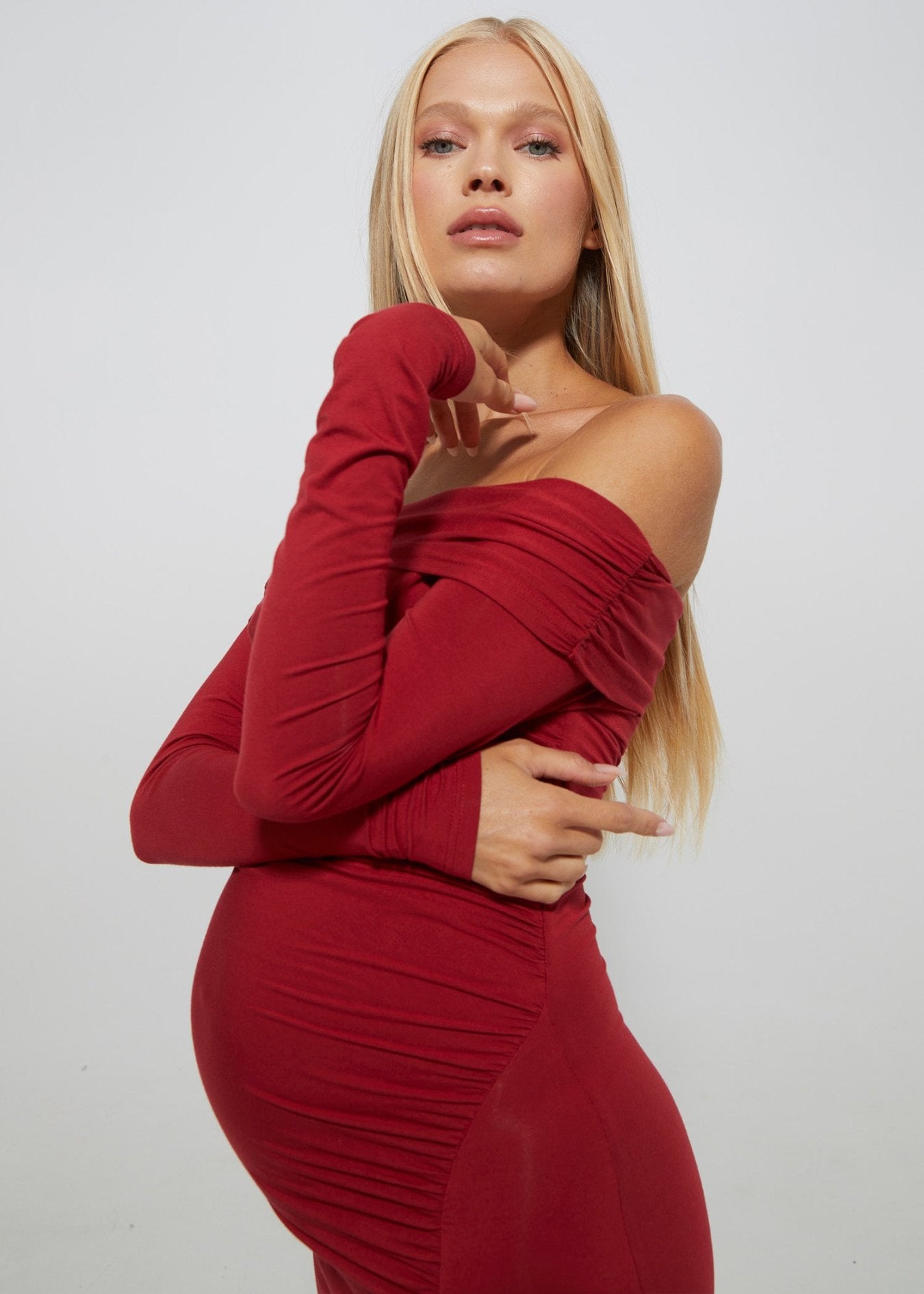 Bumpsuit Maternity Off The Shoulder Long Sleeve Evening Dress with Side Slit in Red