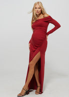 Bumpsuit Maternity Off The Shoulder Long Sleeve Evening Dress with Side Slit in Red