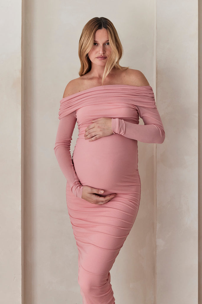 Bumpsuit Maternity Off The Shoulder Soft Mesh Maxi Dress in Pink