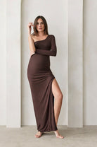 Bumpsuit Maternity The One Shoulder Evening Dress with side slit in chocolate