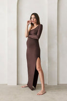 Bumpsuit Maternity The One Shoulder Evening Dress with side slit in chocolate