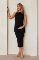 Bumpsuit Maternity Sculpting Rib Boat Neck Midi Dress in Black