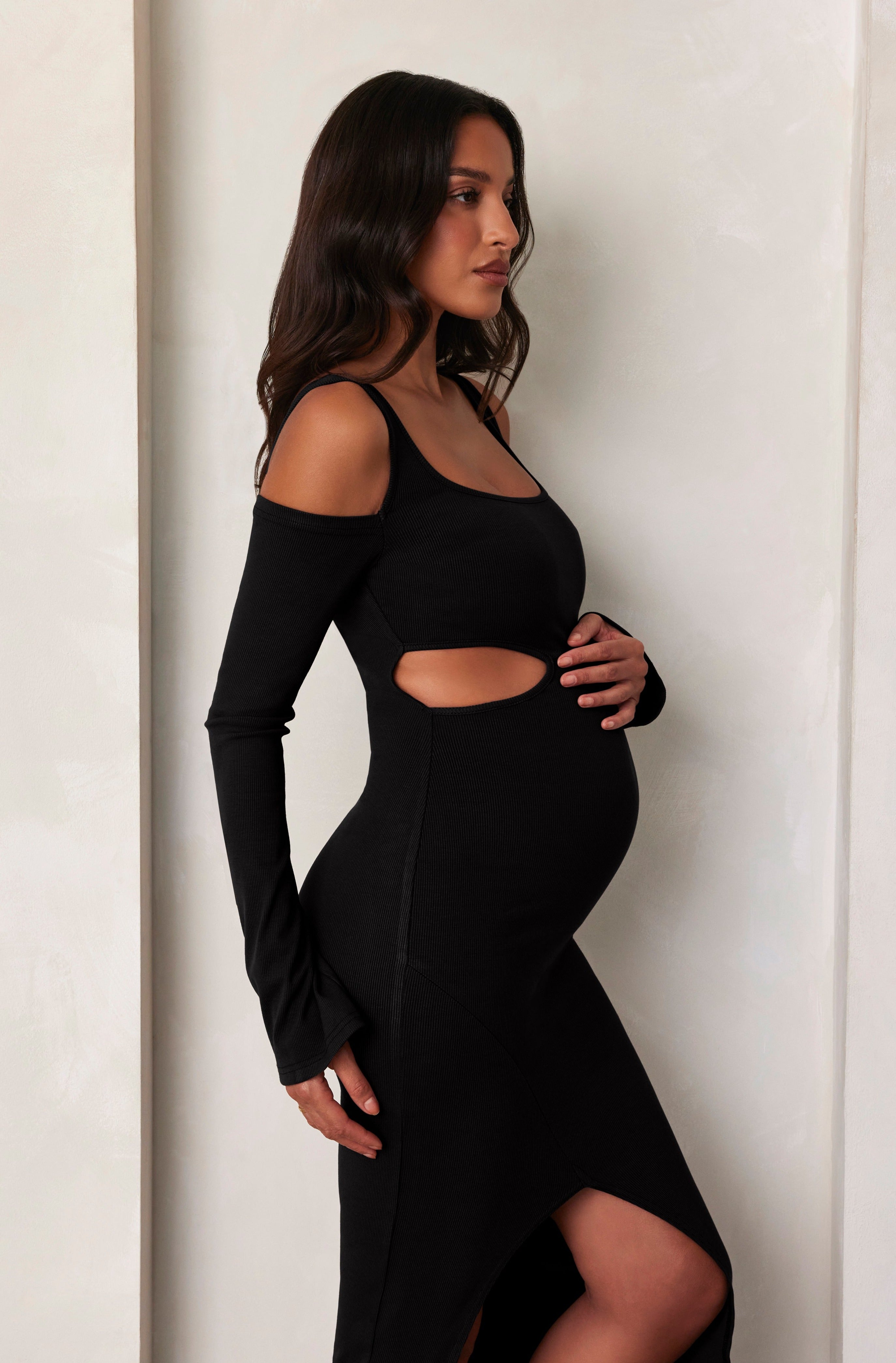 Bumpsuit maternity sculpting rib long sleeve cut out maxi dress in black