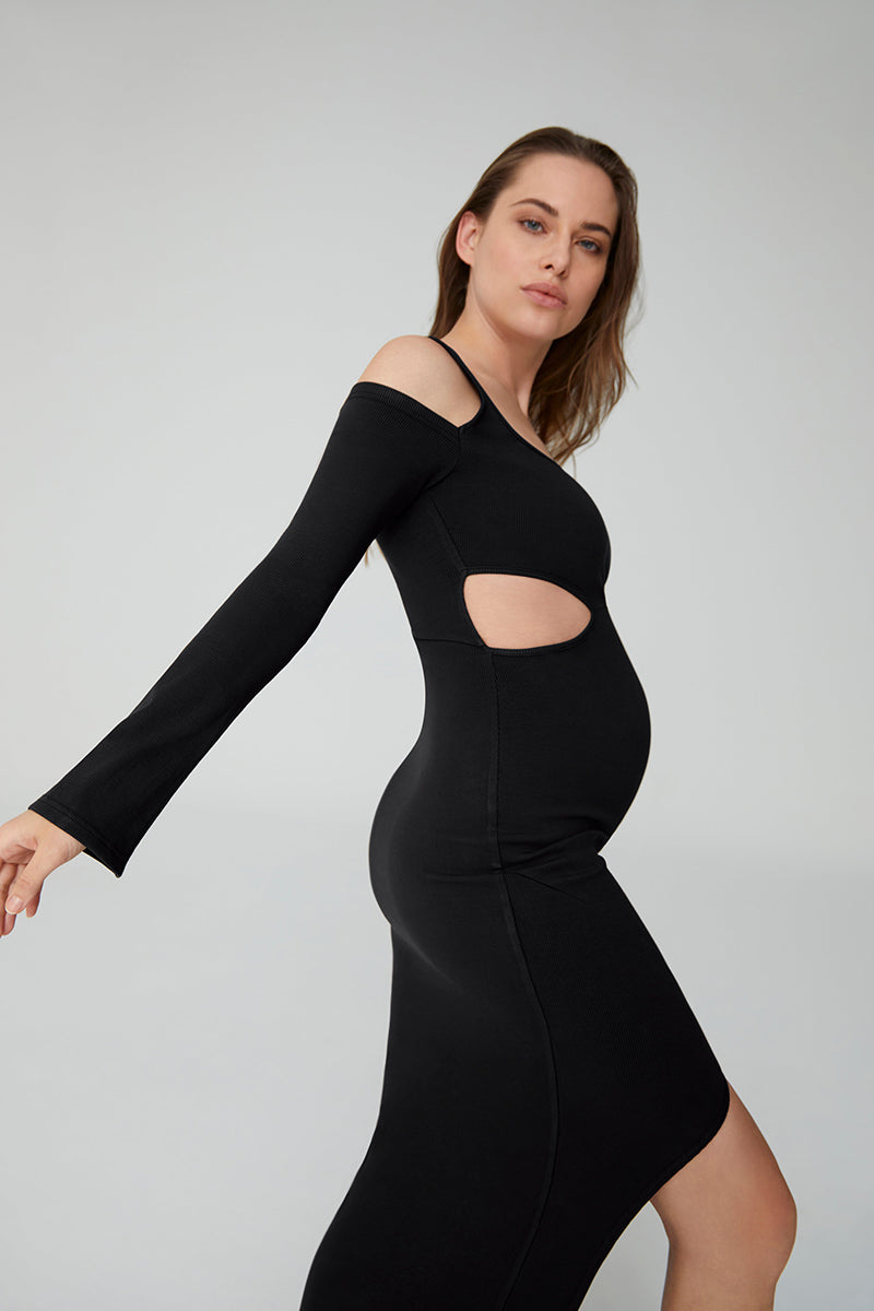 Bumpsuit maternity sculpting rib long sleeve cut out maxi dress in black