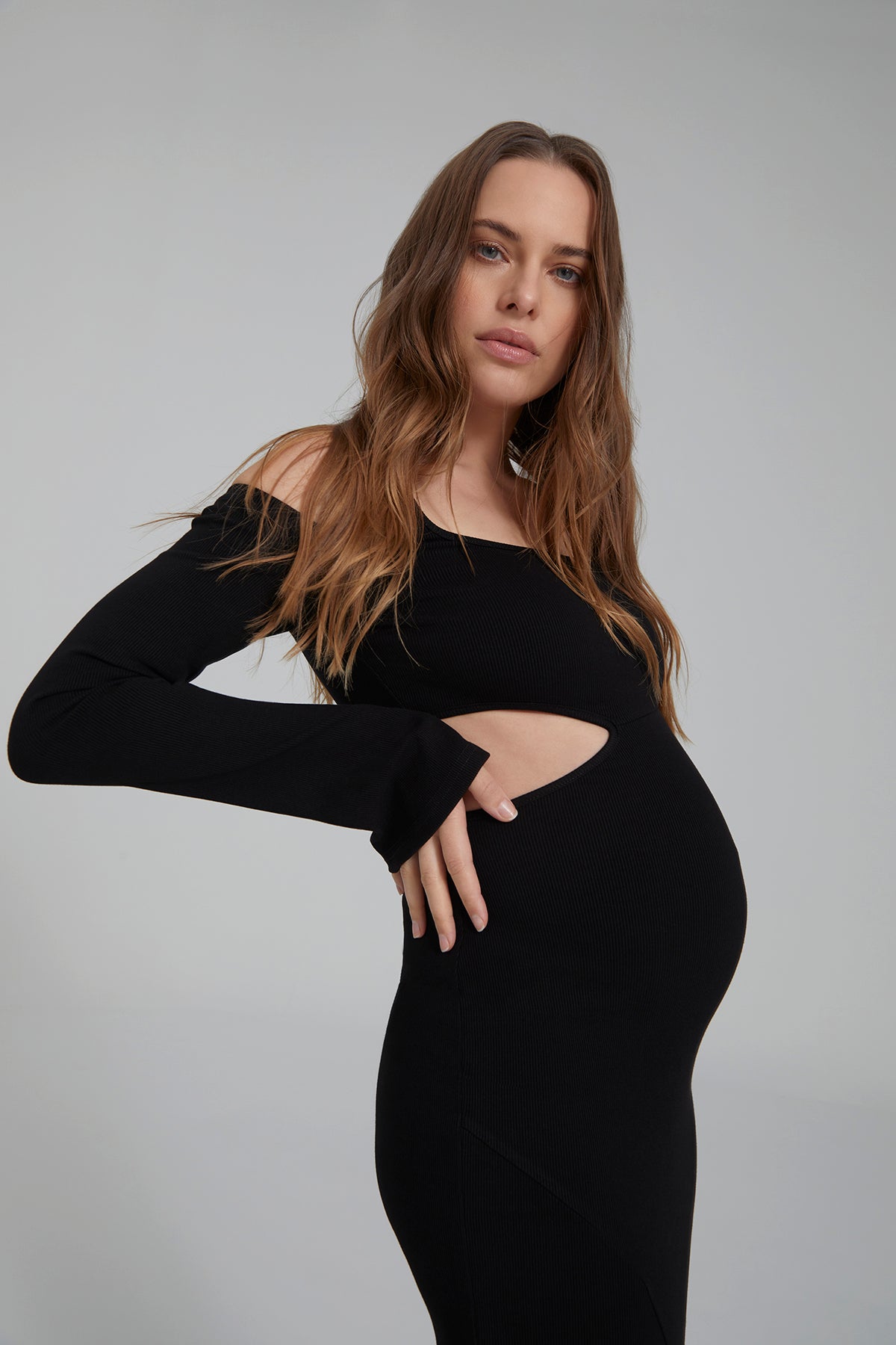 Bumpsuit maternity sculpting rib long sleeve cut out maxi dress in black