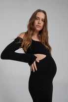 Bumpsuit maternity sculpting rib long sleeve cut out maxi dress in black