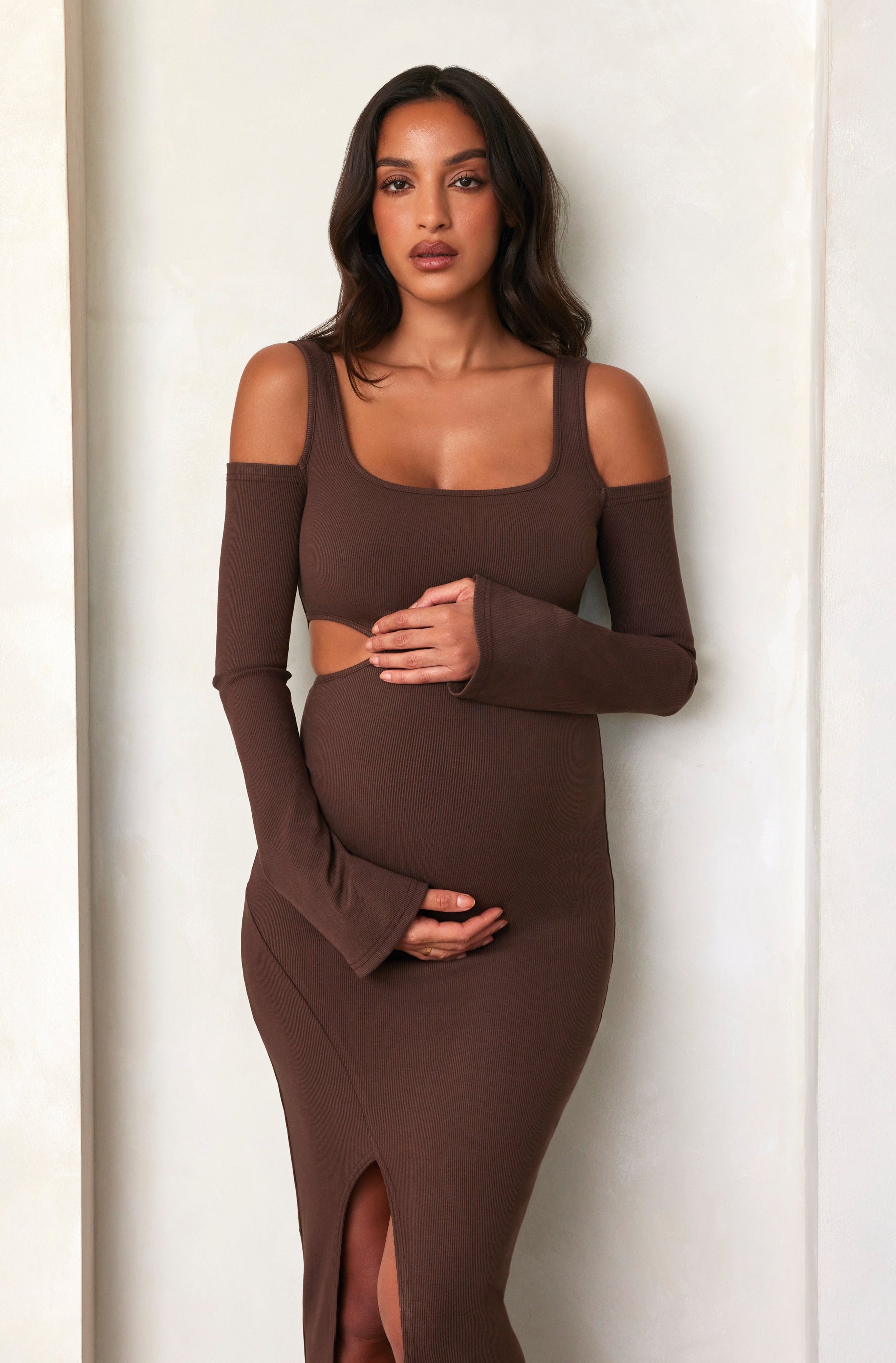 Bumpsuit maternity sculpting rib long sleeve cut out maxi dress in brown