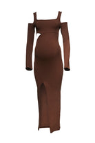 Bumpsuit maternity sculpting rib long sleeve cut out maxi dress in brown