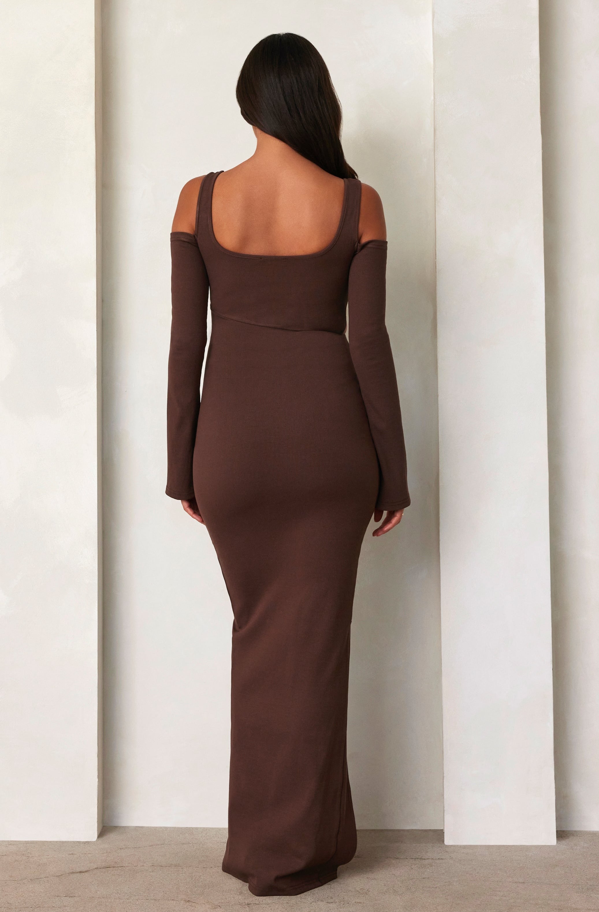 Bumpsuit maternity sculpting rib long sleeve cut out maxi dress in brown