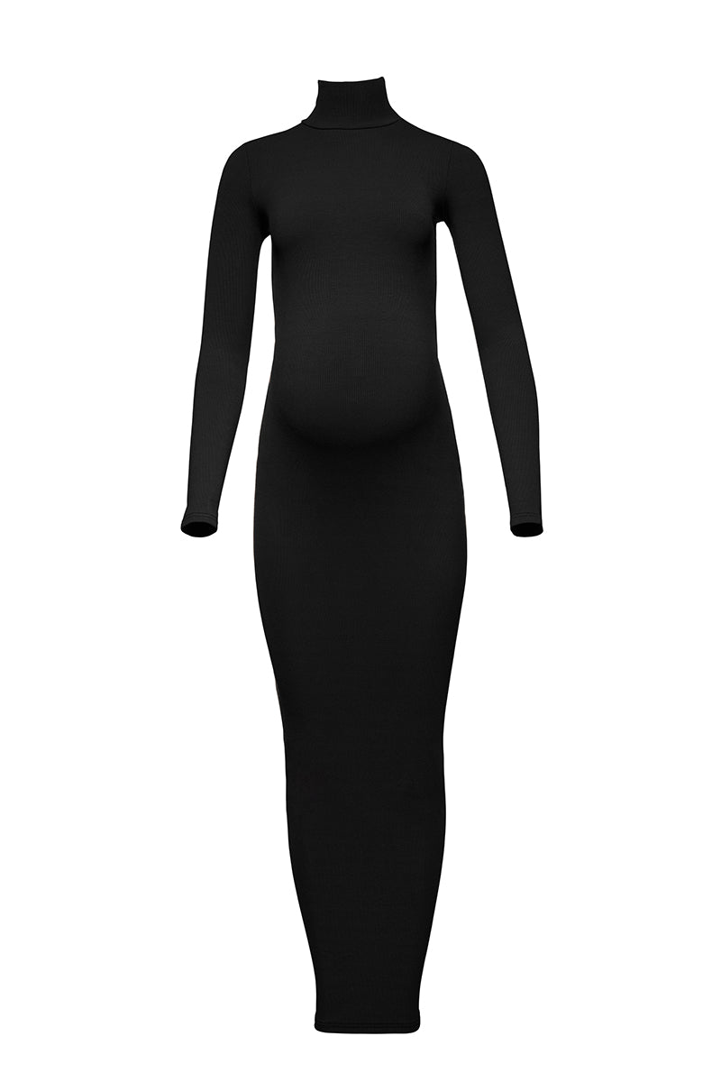 Bumpsuit maternity sculpting rib long sleeve turtleneck maxi dress in black