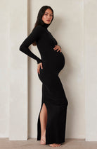 Bumpsuit maternity sculpting rib long sleeve turtleneck maxi dress in black