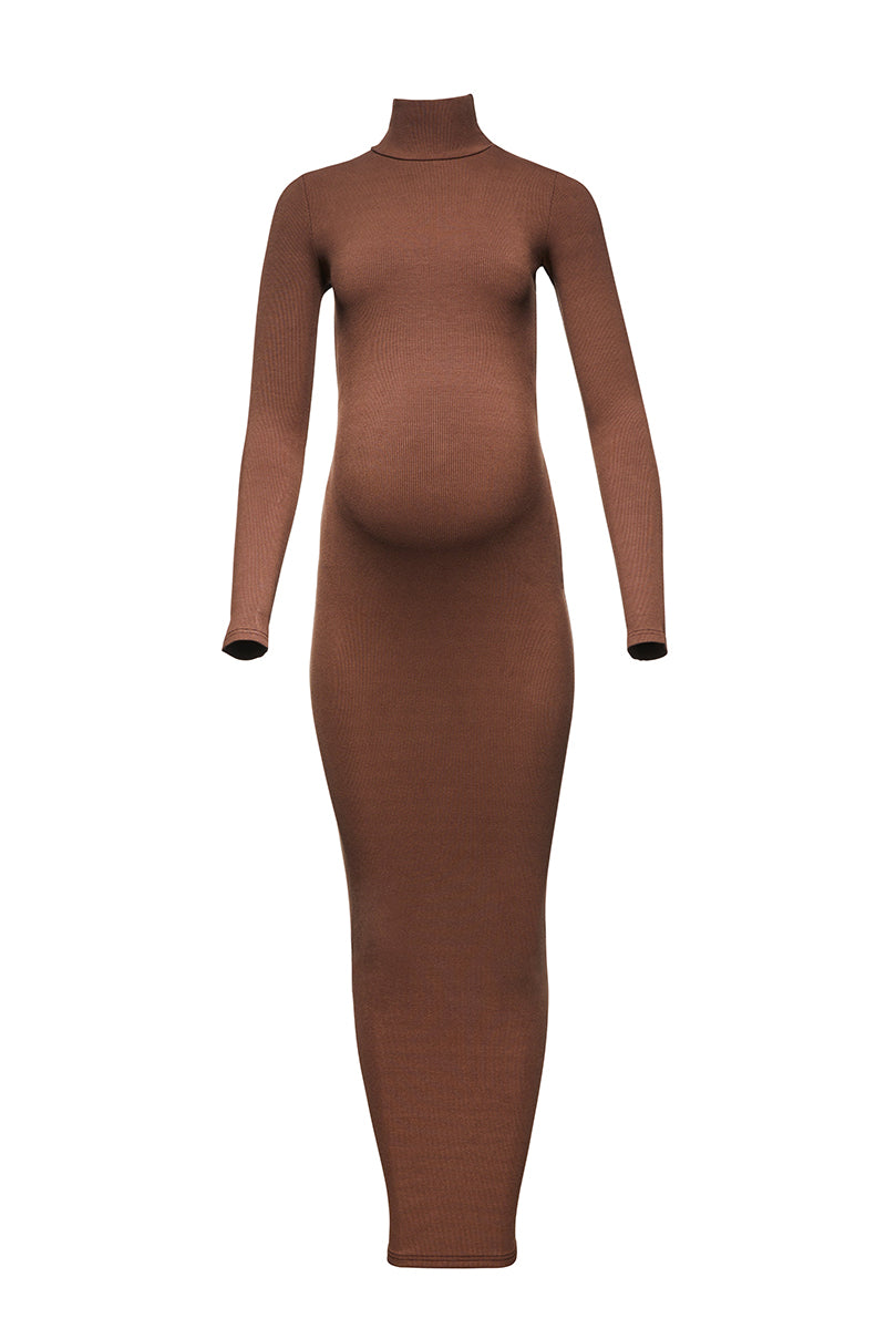 Bumpsuit maternity sculpting rib long sleeve turtleneck maxi dress in brown