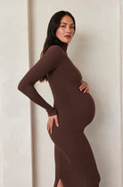 Bumpsuit maternity sculpting rib long sleeve turtleneck maxi dress in brown