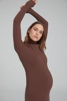 Bumpsuit maternity sculpting rib long sleeve turtleneck maxi dress in brown