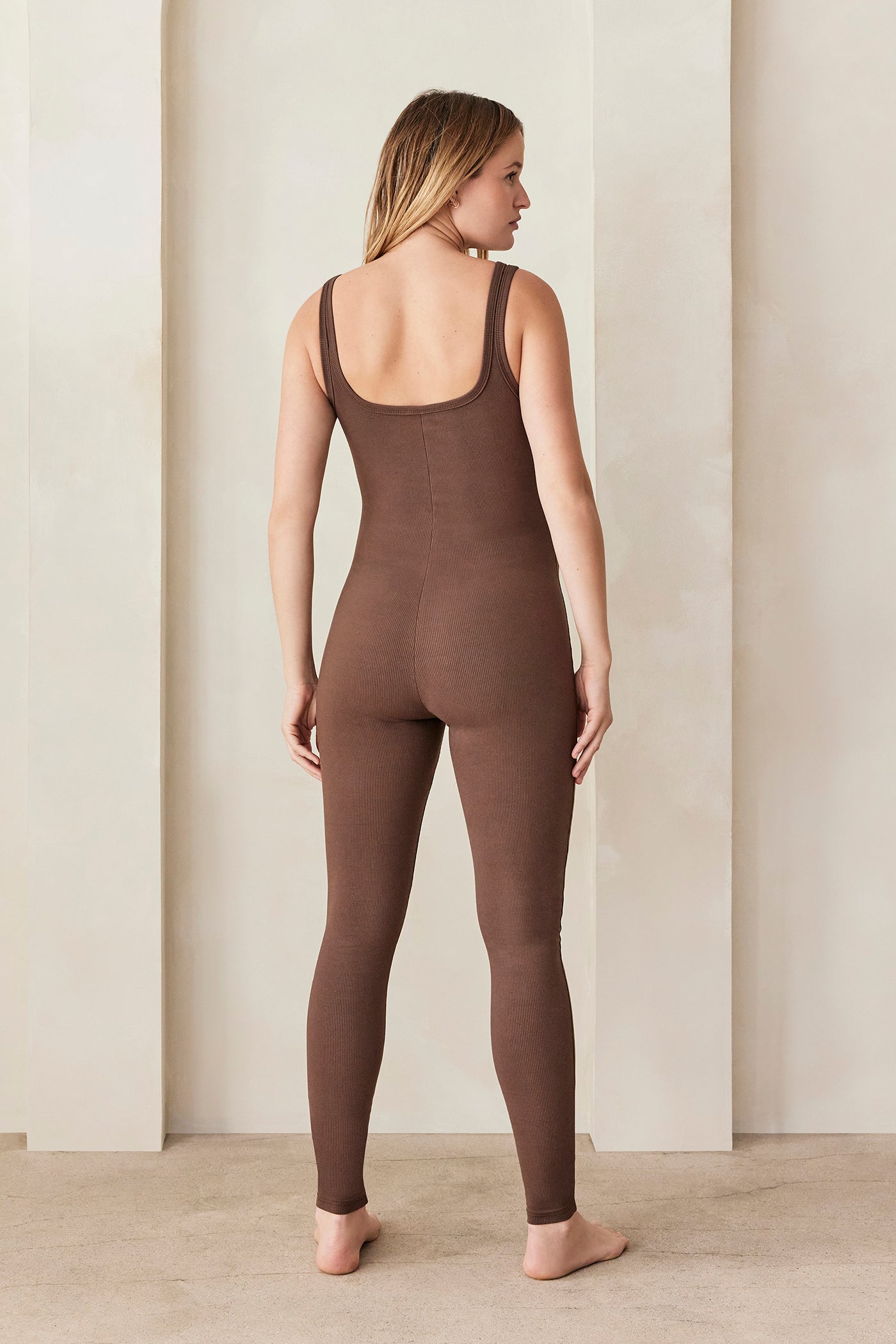 Bumpsuit Maternity Sculpting Rib Wide Strap Unitard in Brown