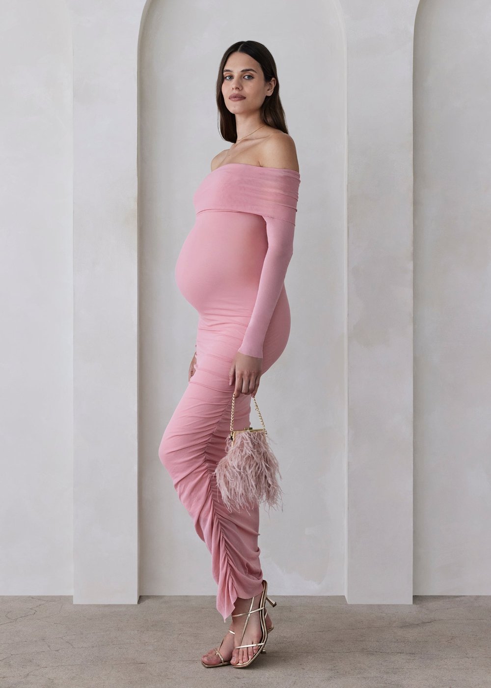 Bumpsuit Maternity Off The Shoulder Soft Mesh Maxi Dress in Pink