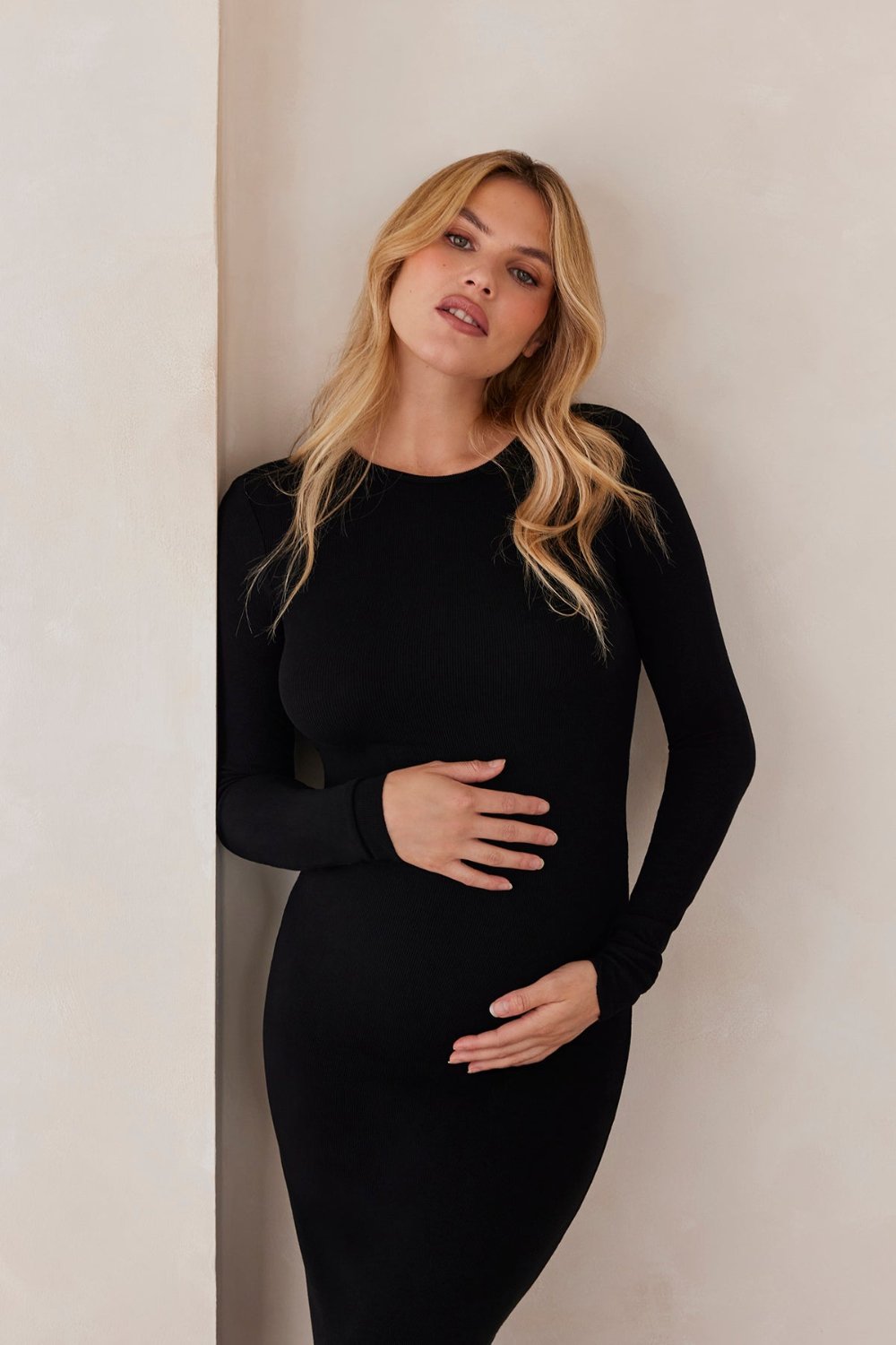 bumpsuit maternity the long sleeve soft rib maxi dress in black