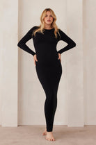 the long sleeve soft rib maxi dress in black bumpsuit