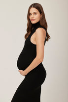 Bumpsuit Maternity Soft Rib Turtleneck Sleeveless Dress in Black