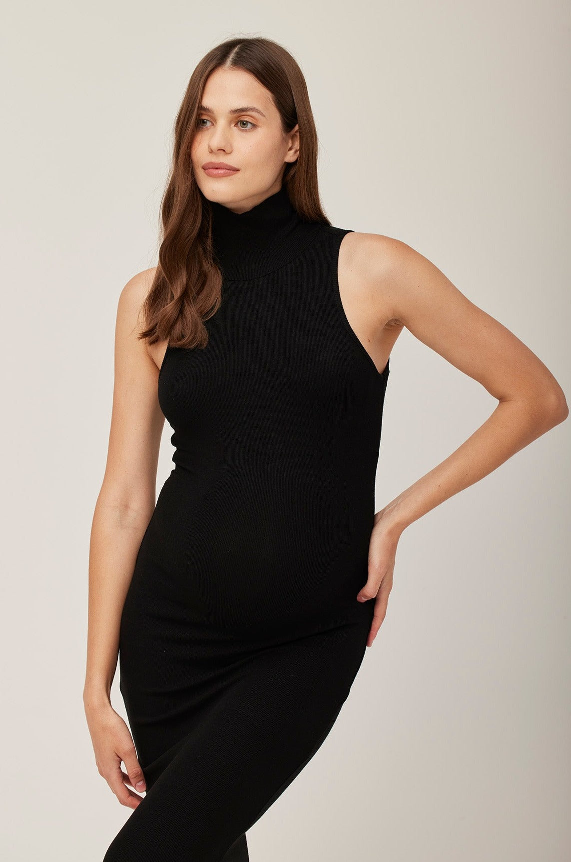 Bumpsuit Maternity Soft Rib Turtleneck Sleeveless Dress in Black