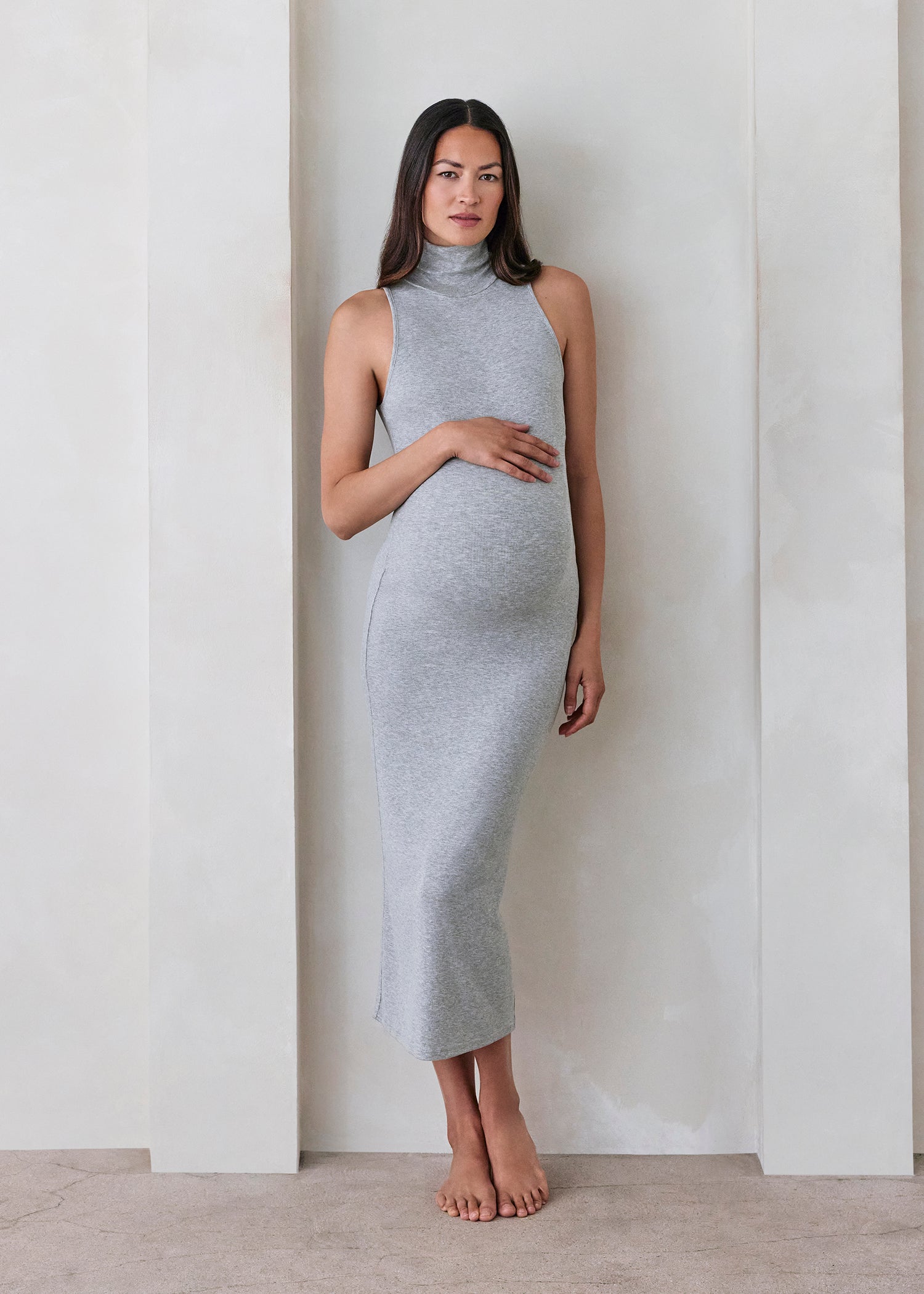 Bumpsuit Maternity Soft Rib Turtleneck Sleeveless Dress in Heather Grey