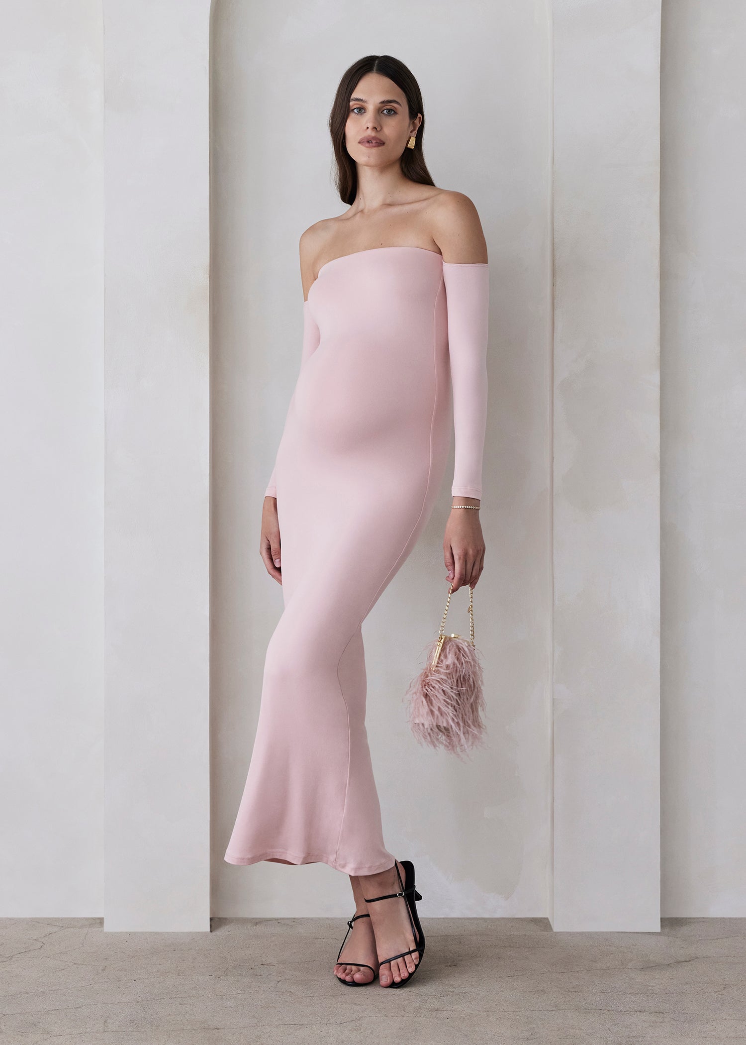 bumpsuit Maternity the angelina off the shoulder long sleeve maxi dress in dusty pink