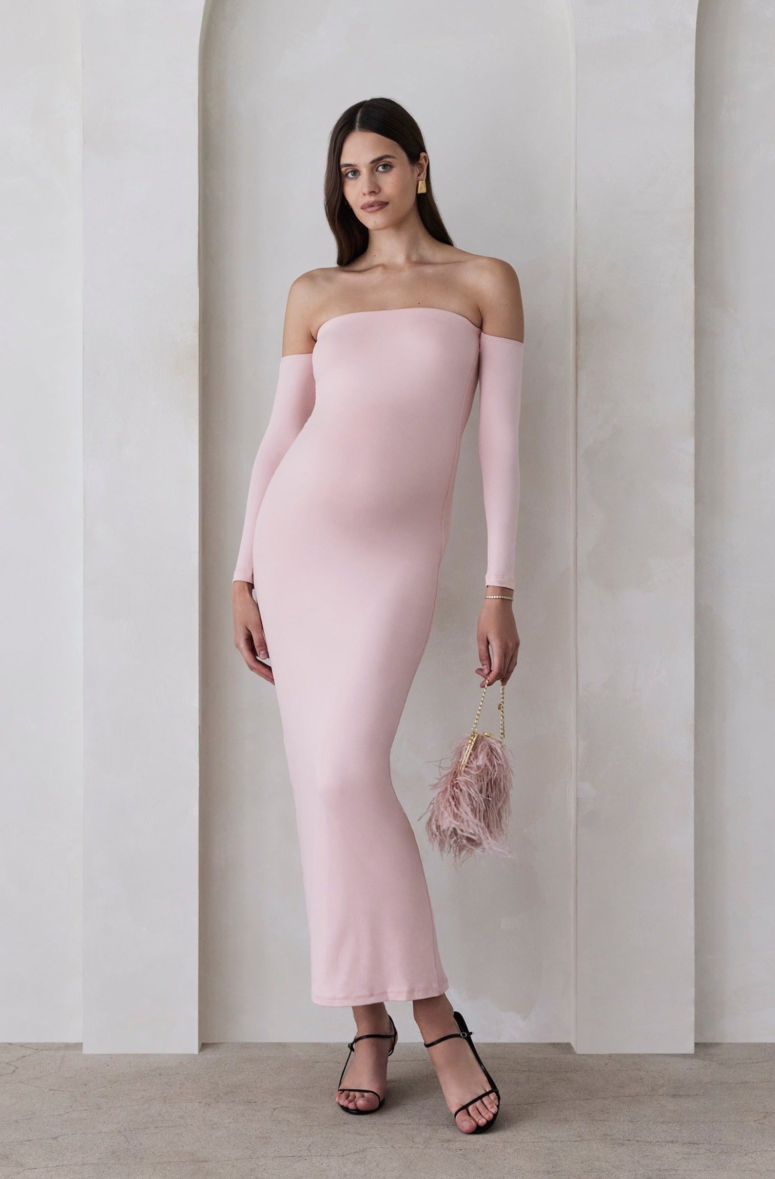 bumpsuit Maternity the angelina off the shoulder long sleeve maxi dress in dusty pink