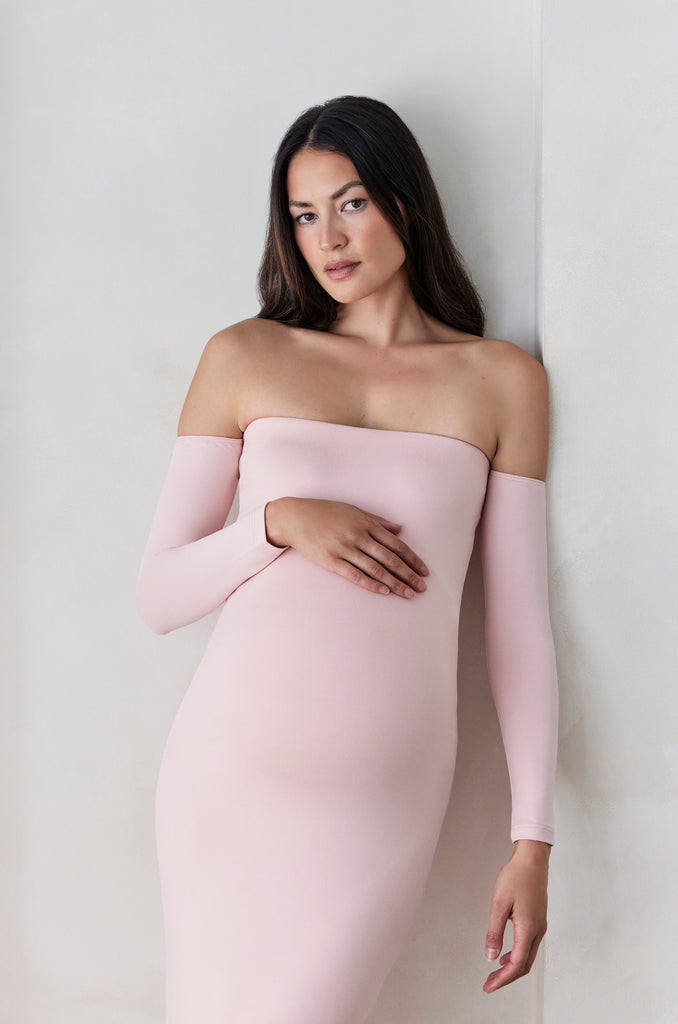 bumpsuit Maternity the angelina off the shoulder long sleeve maxi dress in dusty pink